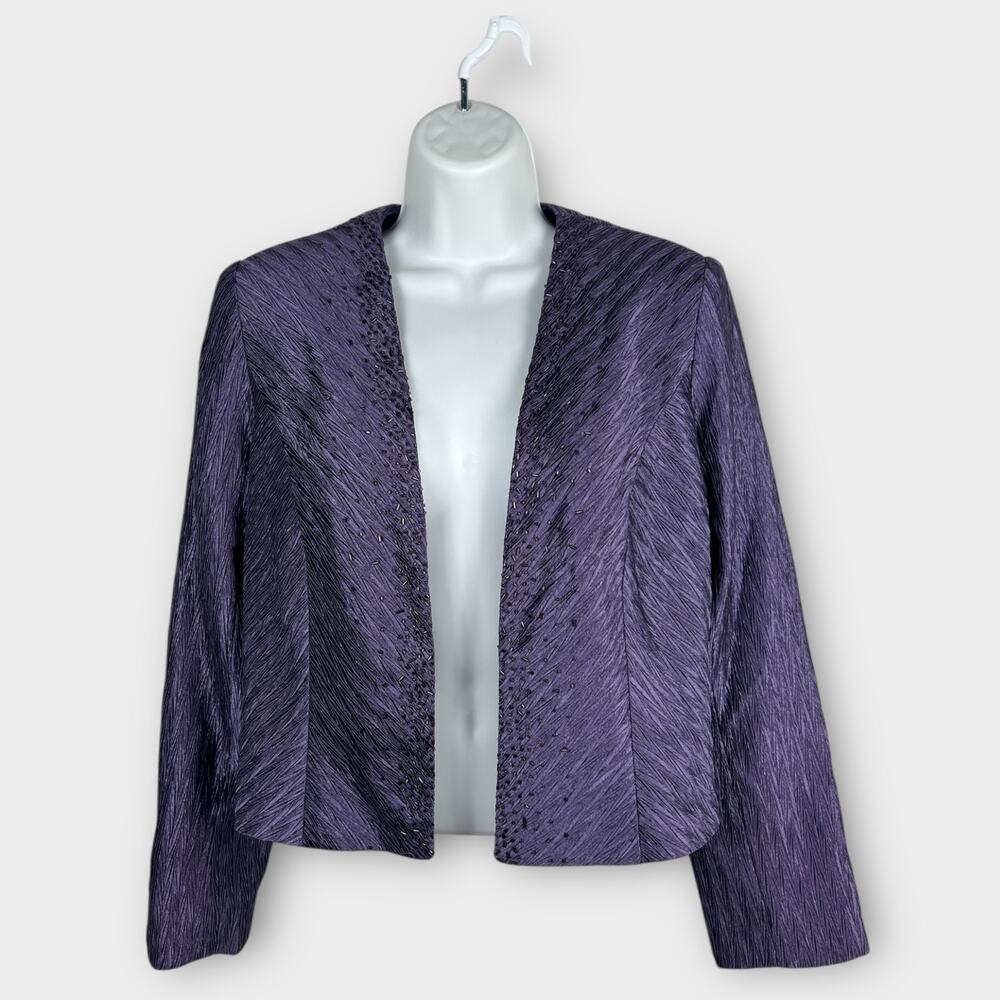 Vintage Patra Purple Satin Textured Beaded Open‎ Blazer Jacket Size 8 Formal